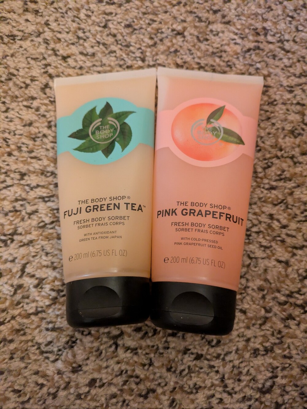 Lot Of 2 Full Size The Body Shop Body Sorbet In Pink Grapefruit, Fuji Green Tea